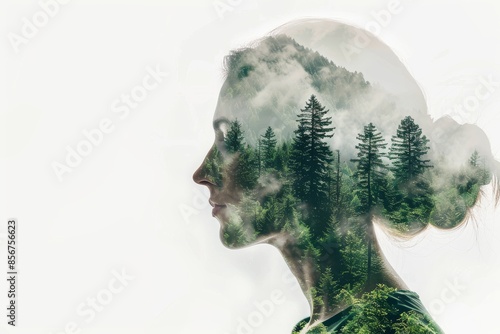 A double exposure of a woman's head and a forest landscape. © neiros