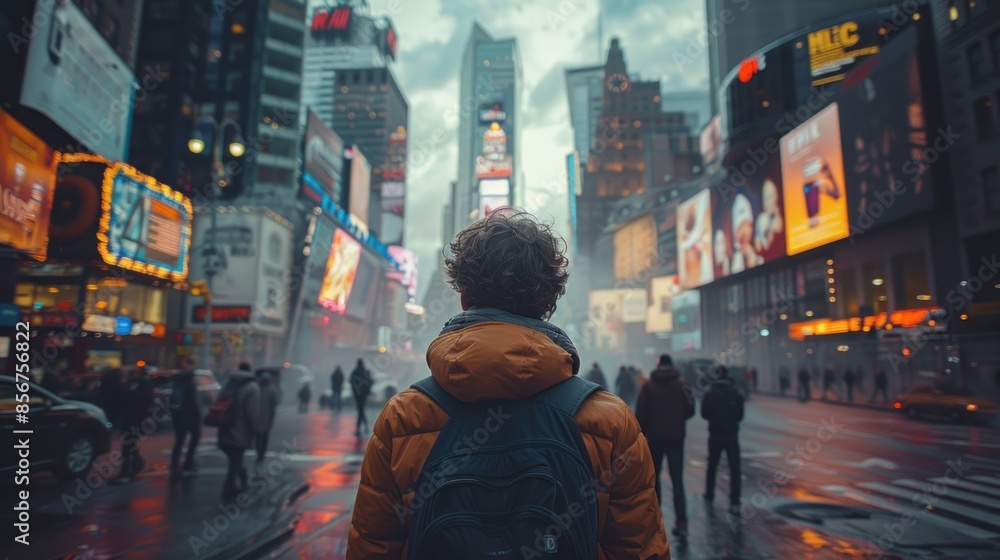 Obraz premium Man in Orange Jacket Stands in Times Square