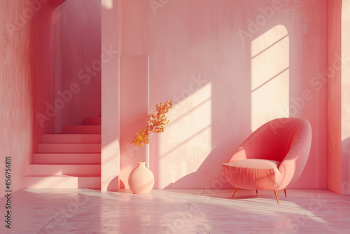 simple and elegant pink room featuring a plush armchair and a bud vase filled with white flowers