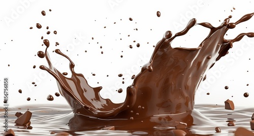 Cute chocolate bar pieces falling into a chocolate splash