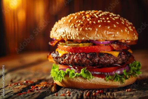 cheeseburger is piled high with a beef patty, cheese, lettuce, tomato, onion, and pickles