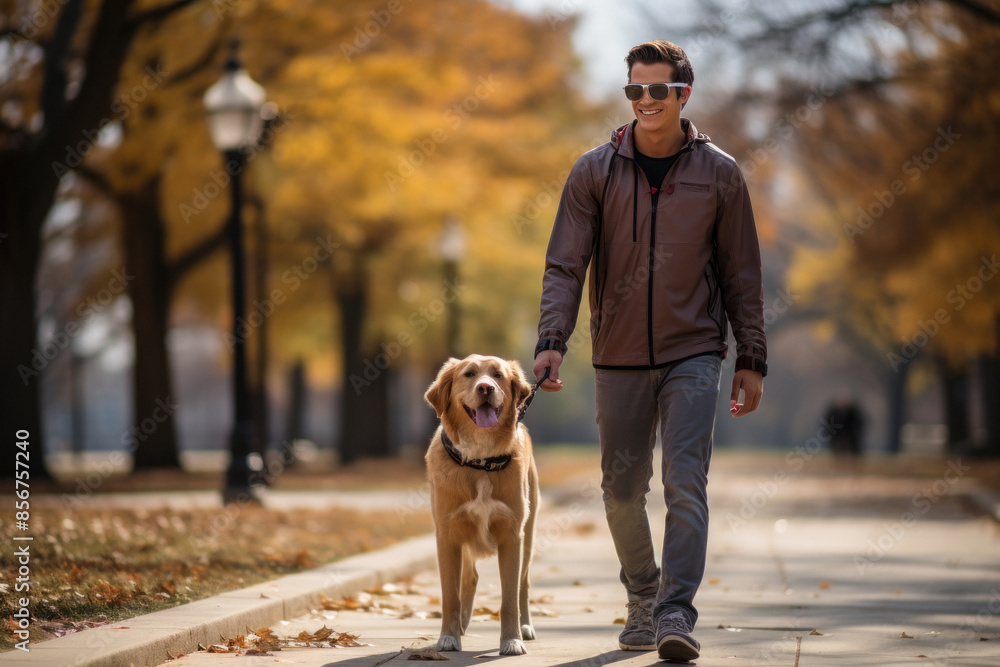 Man walking dog in park during autumn day Man walking dog in park during autumn day