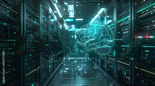 human brain hologram floating in a sever room