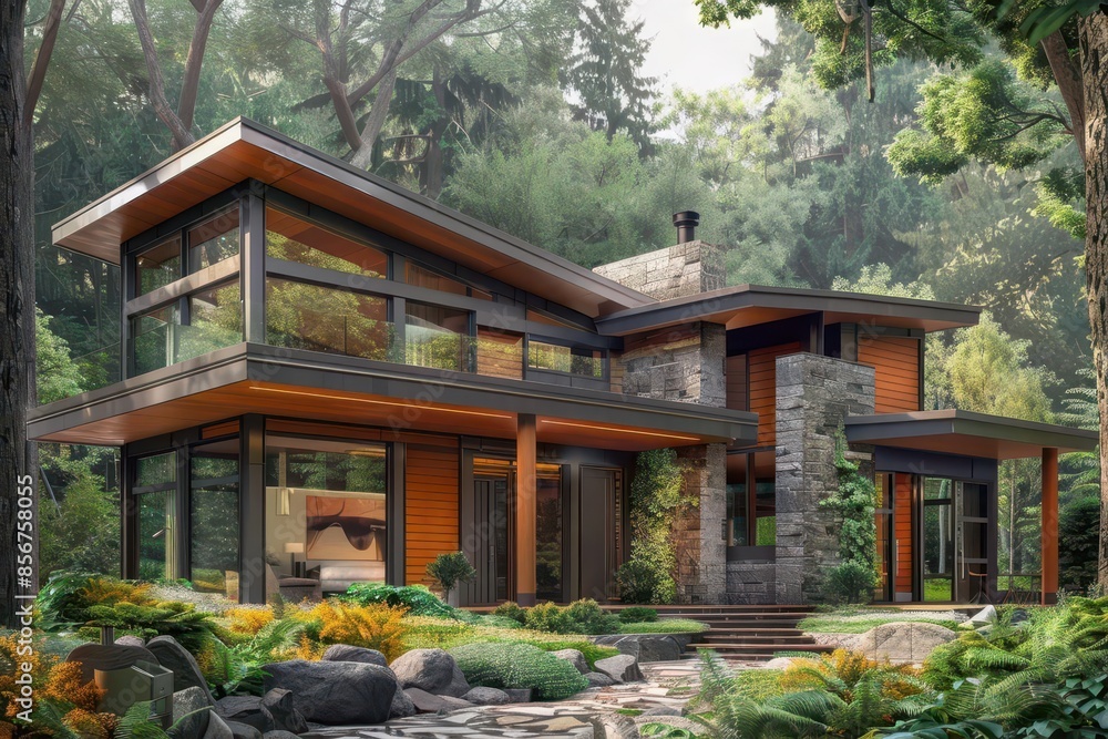 modern twostory house with stone and wood accents large windows surrounded by lush greenery digital painting modern twostory house with stone and wood accents large windows surrounded by lush greenery digital painting