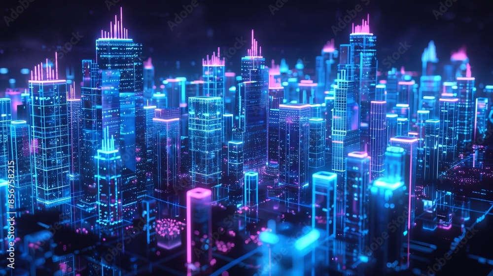 Concept of cyber business city with neon cyberlight skyscrapers, model of digital flyover of business area architecture, 3D rendering associated with blue theme Concept of cyber business city with neon cyberlight skyscrapers, model of digital flyover of business area architecture, 3D rendering associated with blue theme