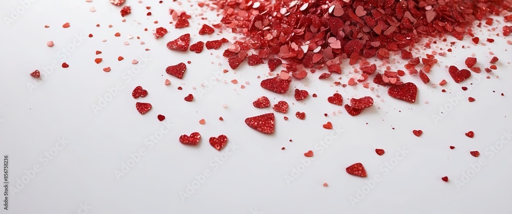 Scattered red heart shaped glitter confetti on a white background symbolizing love and celebration, perfect for Valentine's Day, weddings, or romantic occasions Scattered red heart shaped glitter confetti on a white background symbolizing love and celebration, perfect for Valentine's Day, weddings, or romantic occasions
