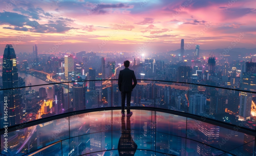 Fototapeta premium Standing on a roof top balcony and looking out at the city night view is this concept of business ambition and vision.