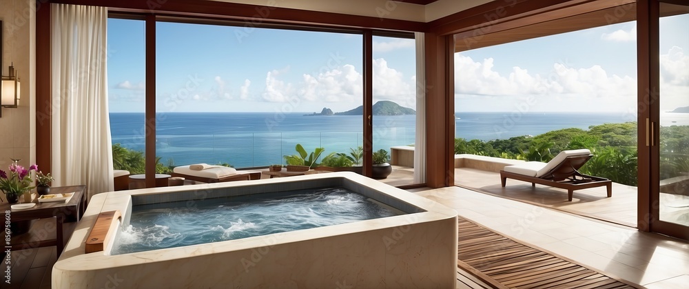 Fototapeta premium Luxurious tropical villa with a jacuzzi and panoramic ocean view, perfect for a relaxing vacation, retreat, or holiday getaway in an exotic location