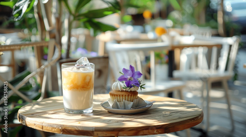 The cafe has wooden tables overlooking the outdoors with white chairs and tables as a backdrop. In front of it was a glass cup filled with a light yellow drink and ice on top. along with a small cake 