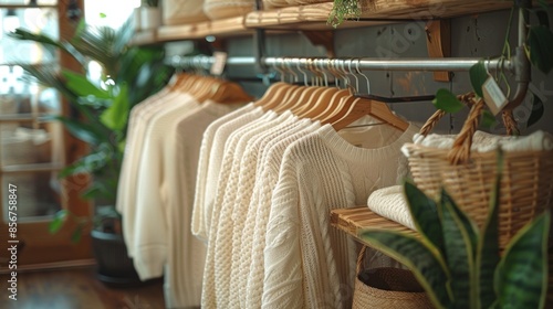 White Knitwear Displayed on Wooden Hangers