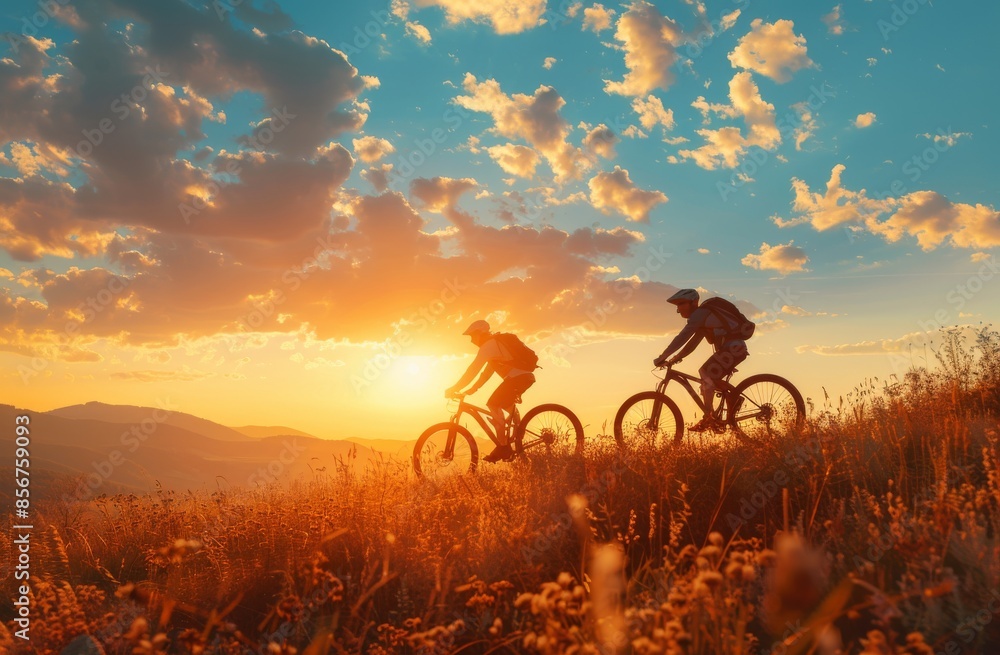custom made wallpaper toronto digitalBicycle, fitness, and team with mountain bike in evening for outdoor exercise, sun and countryside to watch sunset sky.