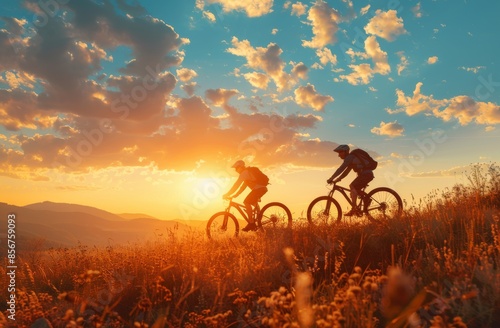 Bicycle, fitness, and team with mountain bike in evening for outdoor exercise, sun and countryside to watch sunset sky.