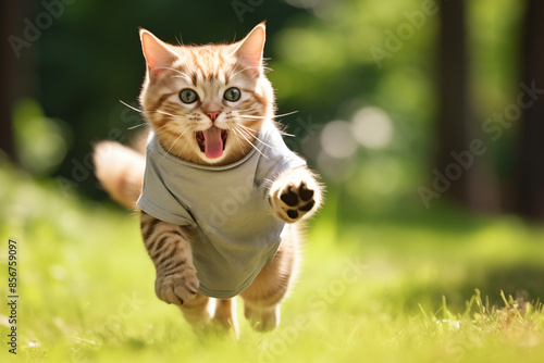 A cat in clothes runs and jumps on the grass. photo