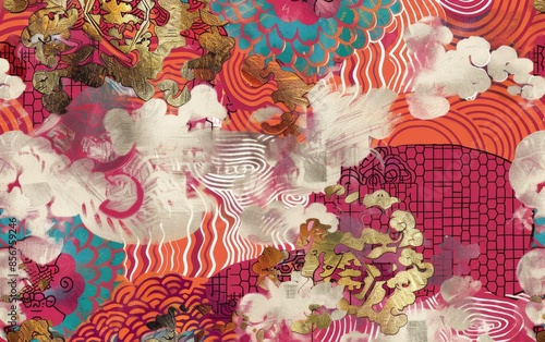Colorful tapestry with traditional Asian motifs like clouds, flowers, and geometric patterns. Vibrant hues of reds, oranges, pinks, blues, and golds © MiniMaxi