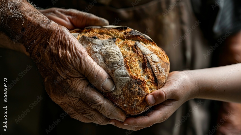 In a black background, photorealistic hands share bread in a church