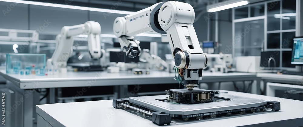 A high tech laboratory showcasing advanced robotic arms working on precision tasks, representing innovation in automation, engineering, and tech development A high tech laboratory showcasing advanced robotic arms working on precision tasks, representing innovation in automation, engineering, and tech development