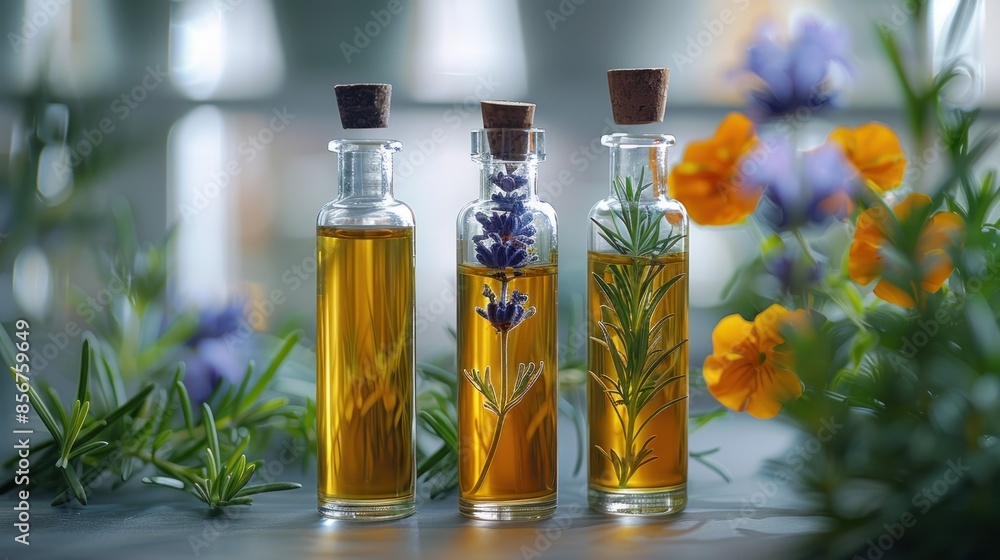 Three Glass Bottles of Essential Oils with Herbs Three Glass Bottles of Essential Oils with Herbs