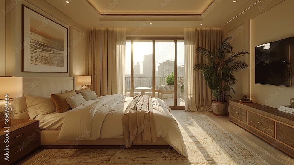 Luxurious Bedroom with City View and Warm Tones Luxurious Bedroom with City View and Warm Tones