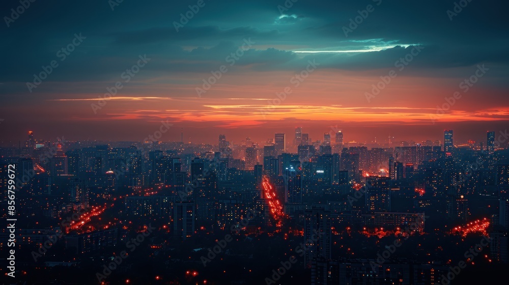 Obraz premium Cityscape at Twilight with an Orange Sky