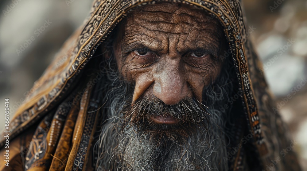 Ancient building with an ancient wall behind an old patriarch with a long beard and mustache. Biblical character. Ancient building with an ancient wall behind an old patriarch with a long beard and mustache. Biblical character.