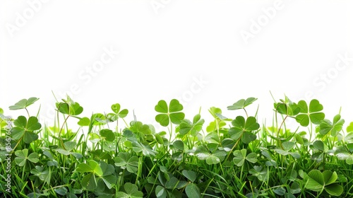 Isolated green grass with the clover leaf on white background,copy space. 