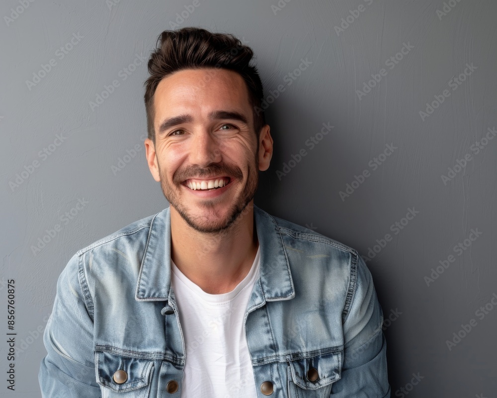 In the studio with arms crossed, in denim, a happy person or a model with confidence, in casual clothing on a grey background. It's a big smile, fashion and accessory on a gray background. In the studio with arms crossed, in denim, a happy person or a model with confidence, in casual clothing on a grey background. It's a big smile, fashion and accessory on a gray background.