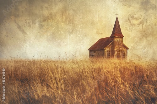 Sunset in the field with an old church. Vintage toned picture.