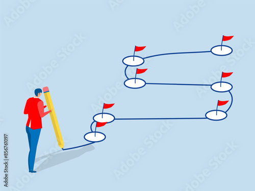 workflow line or working process  with achievement flag milestones.businessman project manager holding big pencil to check completed tasks in project management timeline.