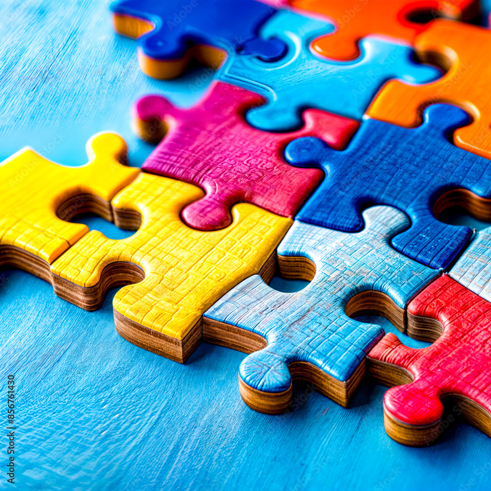 Group of multicolored puzzle pieces on blue wooden table top. Group of multicolored puzzle pieces on blue wooden table top.