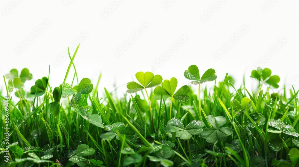 Isolated green grass with the clover leaf on white background,copy space. Isolated green grass with the clover leaf on white background,copy space.