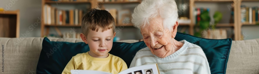 Elderly person showing photo album to grandchild, smiles, shared memories Elderly person showing photo album to grandchild, smiles, shared memories