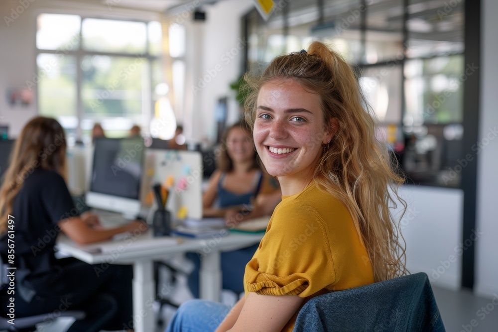 Fototapeta premium Women behind the desk seated at a desk with a smile on her face. An editor or designer at a desk planning an article goal or story angle for publication. A working woman and a portrait with a smile