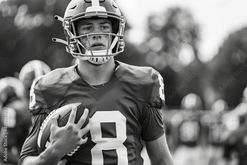 Fototapeta premium Focused young American football player holding a ball in black and white