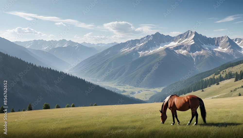 Obraz premium Horse Grazing in a Mountain Valley
