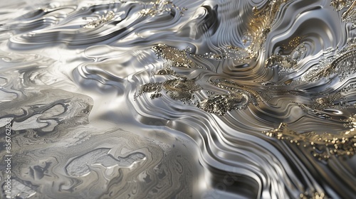 A digital illustration of a metallic landscape with wavy textures and golden accents