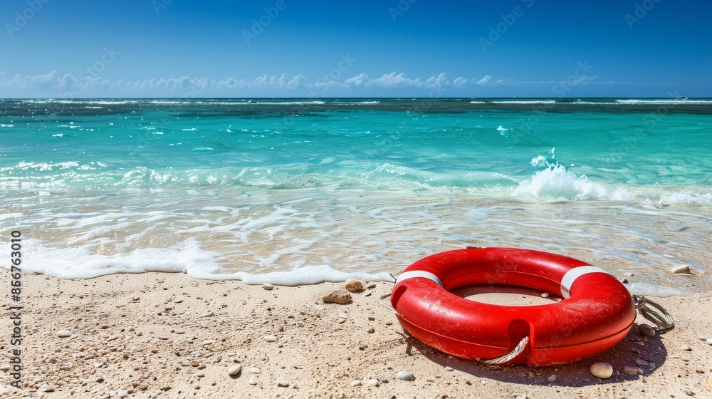 Beach with turquoise water and lifebuoy on sand, safety concept for summer vacation Beach with turquoise water and lifebuoy on sand, safety concept for summer vacation