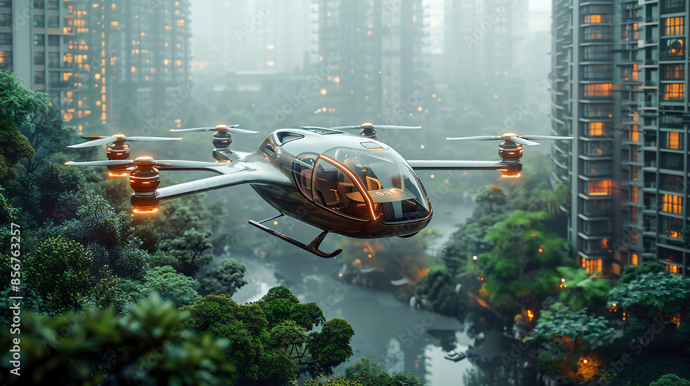 Autonomous driverless aerial vehicle flying on city background. Future transportation, private air taxi concept Autonomous driverless aerial vehicle flying on city background. Future transportation, private air taxi concept