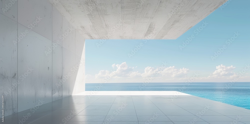 Intense concrete interior with sun light casting a shadow on the floor. Geometric structure design. Museum space on city view background. Perspective of brutalism architecture. Intense concrete interior with sun light casting a shadow on the floor. Geometric structure design. Museum space on city view background. Perspective of brutalism architecture.