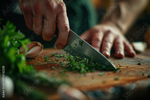 A close-up shot of a chef's hand holding a knife, chopping fresh herbs on a wooden cutting board photo