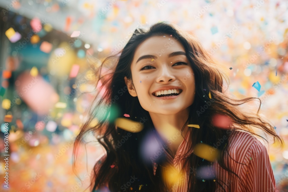 Radiating happiness, a woman in business attire delights in the moment as confetti rains down, the colorful hues adding to the sense of jubilation. Radiating happiness, a woman in business attire delights in the moment as confetti rains down, the colorful hues adding to the sense of jubilation.
