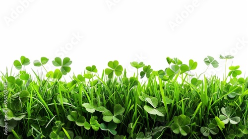 Isolated green grass with the clover leaf on white background,copy space. 