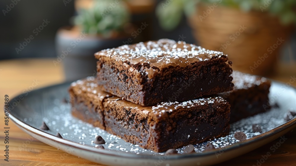 Close-Up of Chocolate Brownies with Powdered Sugar