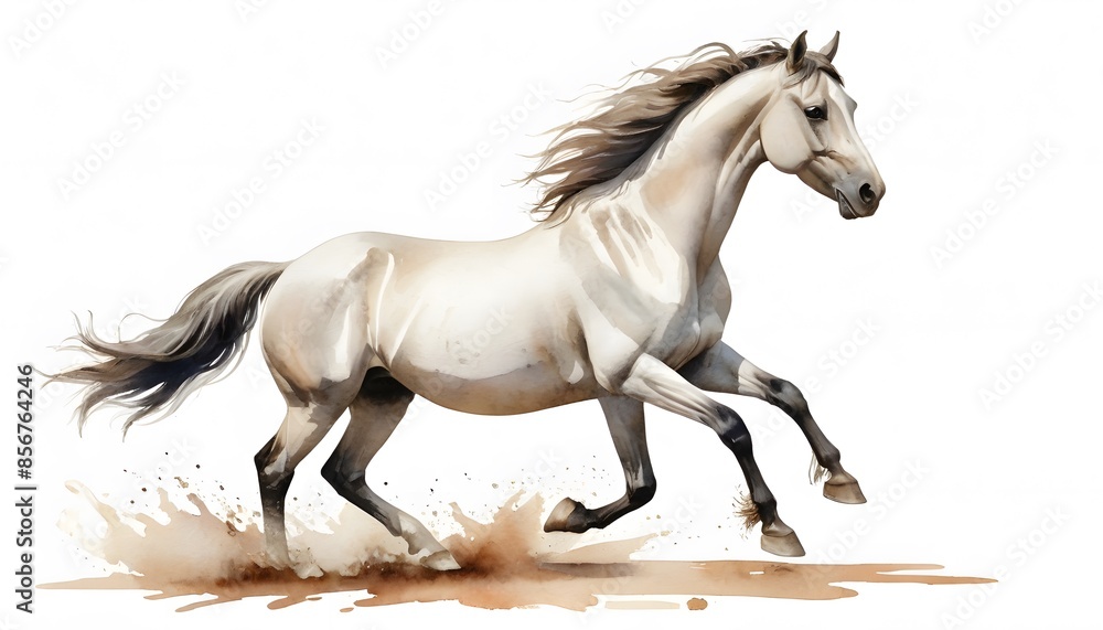 Fototapeta premium Watercolor Painting of a White Horse Running