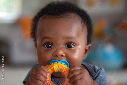 Black baby chewing on teething toy photo