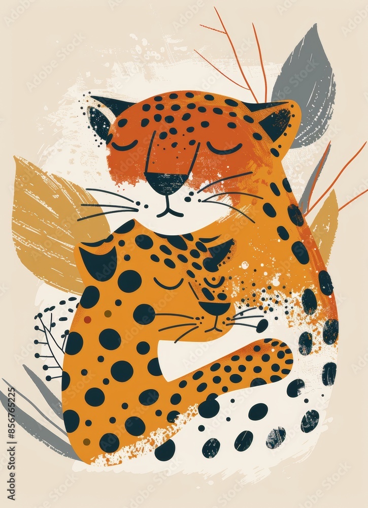 Obraz premium A digitally illustrated image depicting a mother leopard cuddling her cub in a forest setting. The image is full of colorful details and stylized elements