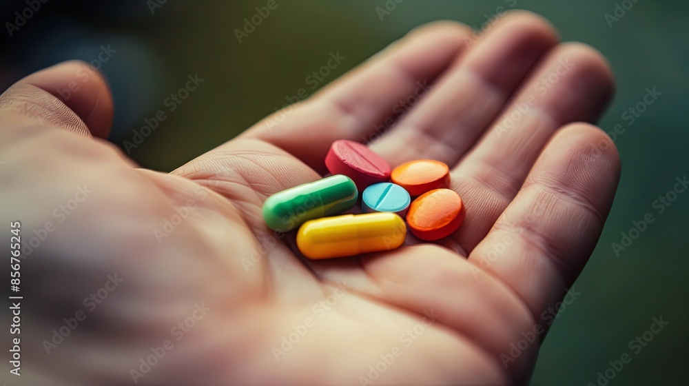 A close-up shot of an open palm holding various colorful pills, with a softly blurred background creating an intimate and caring atmosphere. Generative AI A close-up shot of an open palm holding various colorful pills, with a softly blurred background creating an intimate and caring atmosphere. Generative AI