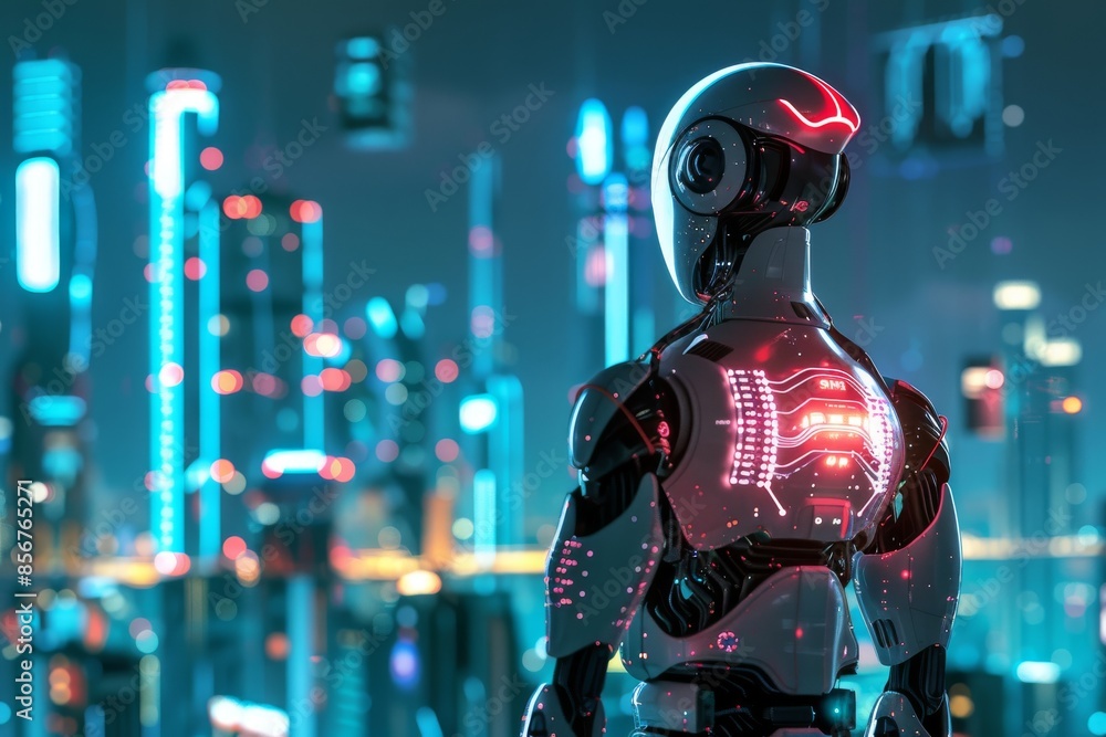 The humanoid robot stands in front of a night skyline illuminated by skyscrapers, representing future intelligent and powerful robots protecting humans. The humanoid robot stands in front of a night skyline illuminated by skyscrapers, representing future intelligent and powerful robots protecting humans.