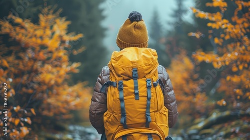 Backpacker in Autumnal Forest