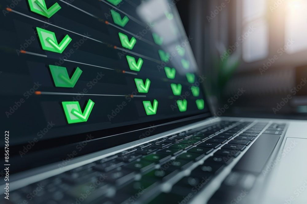 A laptop displaying a screen with multiple green checkmarks, symbolizing success, completion, or approval. A laptop displaying a screen with multiple green checkmarks, symbolizing success, completion, or approval.