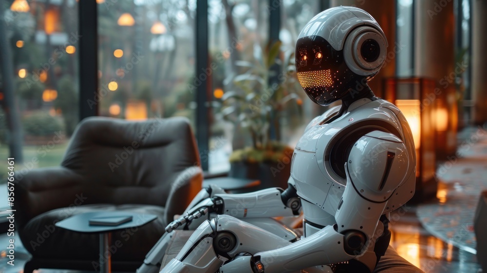 A Modern Day Robot Sits Thoughtfully In A Lobby A Modern Day Robot Sits Thoughtfully In A Lobby